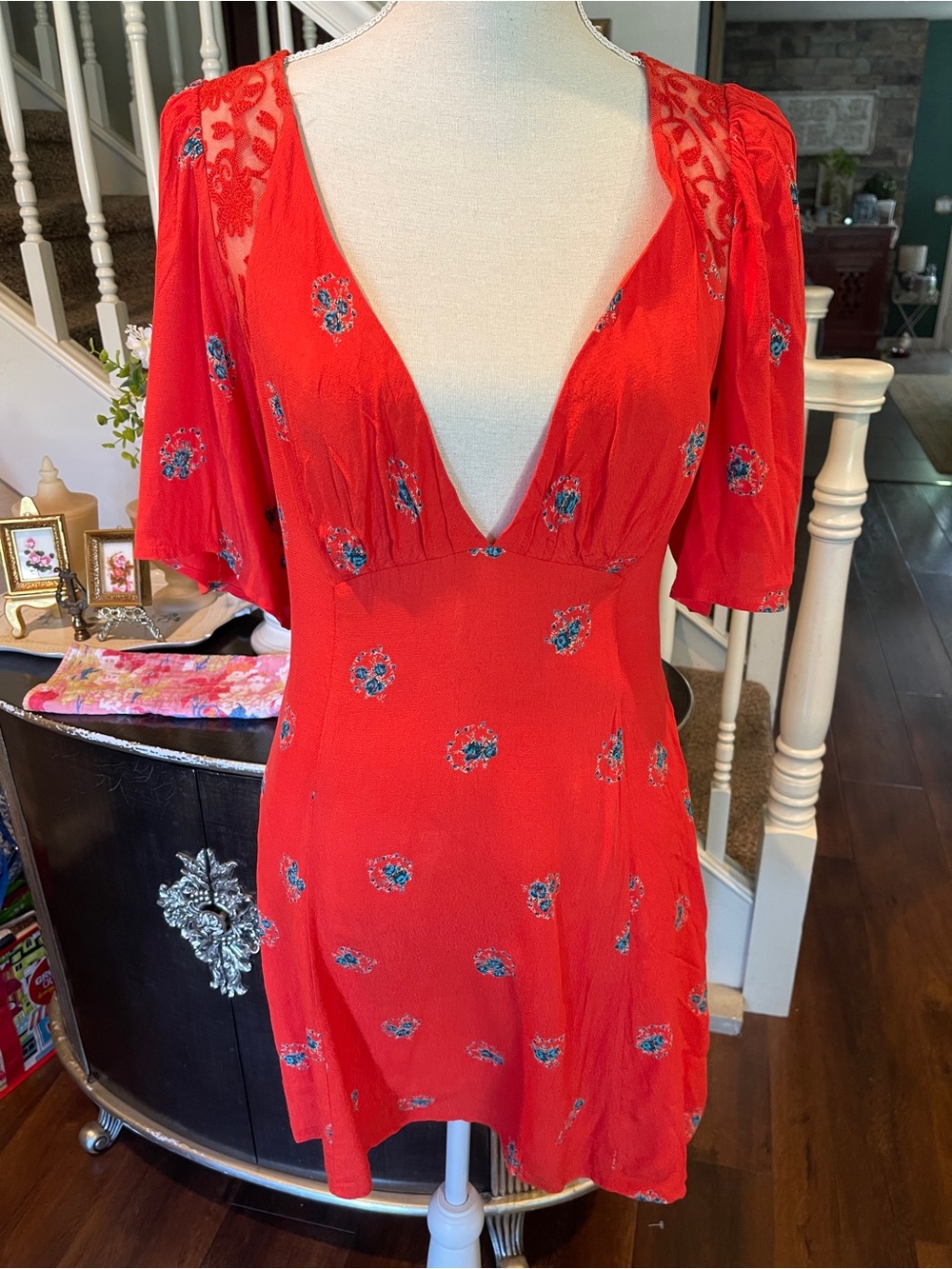 Free People Red Mini Dress with Blue Floral Accents